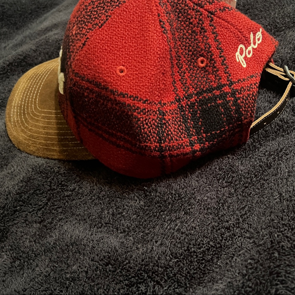 Ralph Lauren Red and Black Plaid Cap with Brown Suede Brim - Picture 7 of 7